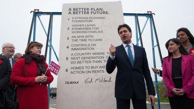 Ed Miliband with his stone plinth of Labour pledges