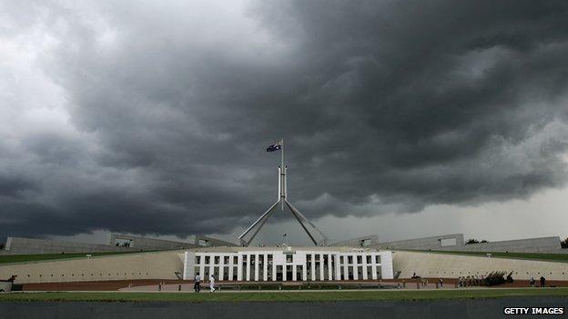 Rain clouds move over the Australian Parliament, Canberra, Australia