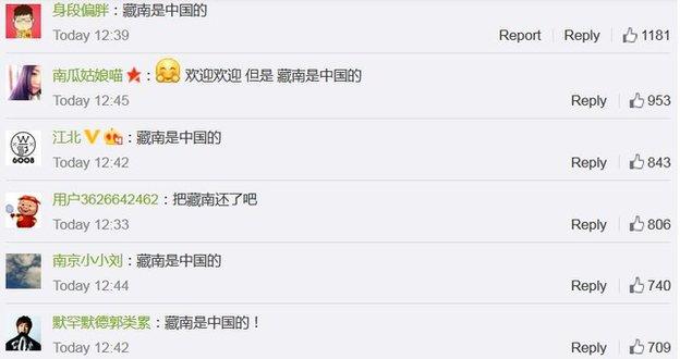 Screengrab of Weibo responses to Modi