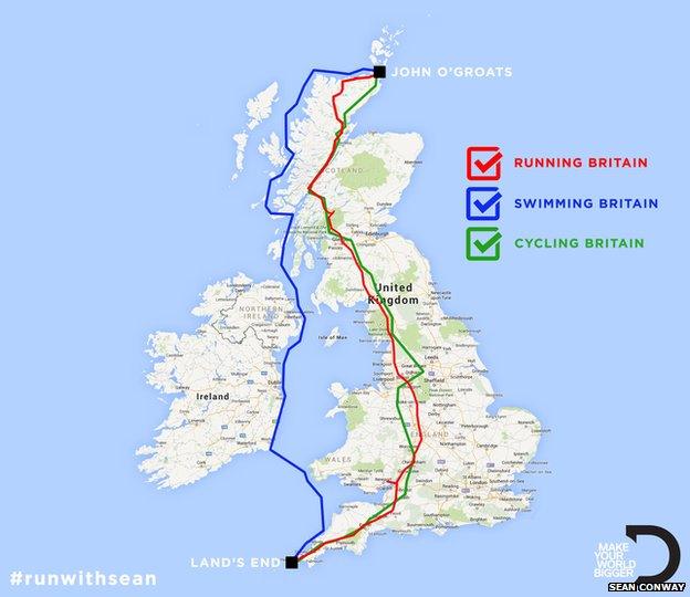 A map of the UK showing the routes used by Sean Conway