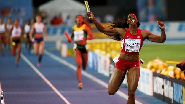 Francena McCorory led the USA to gold in the women's 4x400 relay at the IAAF World Relays Championships in Nassau, Bahamas