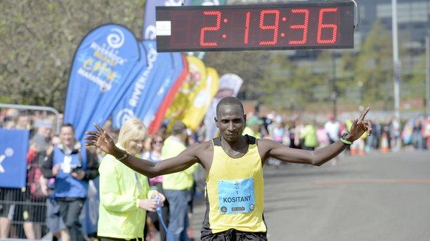 Joel Kipsang Kositany crosses the line to win in Belfast