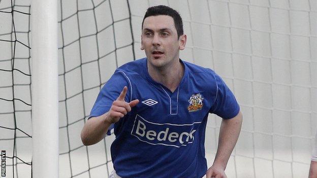 Mark Farren celebrates one of his Glenavon goals in February 2013