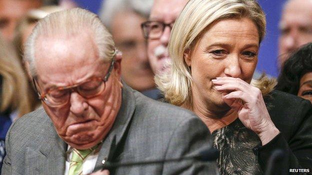 Marine Le Pen (R) and her father Jean-Marie Le Pen attend their party congress in Lyon on 30 November 2014