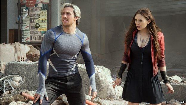 Quicksilver, played by Aaron Taylor-Johnson and Scarlet Witch, played by Elizabeth Olsen in Avengers: Age of Ultron