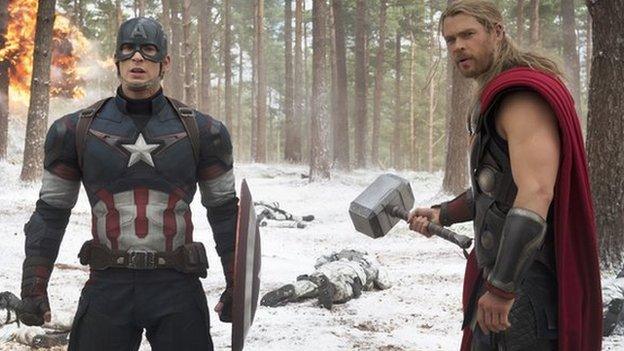 Captain America, played by Chris Evans, and Thor, played by Chris Hemsworth, in Avengers: Age of Ultron