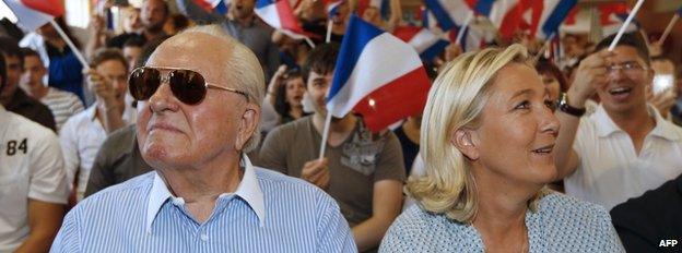 Jean-Marie Le Pen with his daughter at a youth congress on 7 Sept 2014