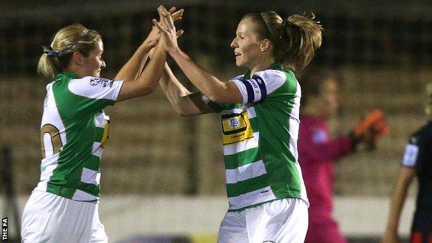 Natasha Knapman (l) of Yeovil celebrates with team-mate Stephanie Williams