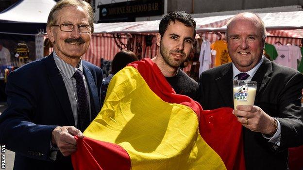 Milk Cup chairman Victor Leonard with Spanish football fan Miguel Serna and Dale Farm commercial director Jason Hempton