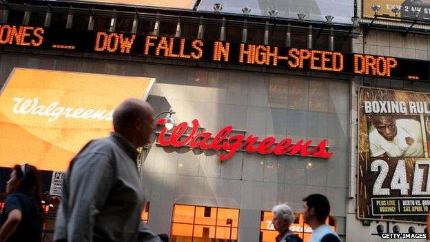 Financial news of the falling stock market displayed on a news ticker in Times Square May 6, 2010 in New York