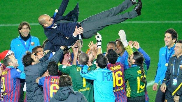 Pep Guardiola celebrates when manager of Barcelona