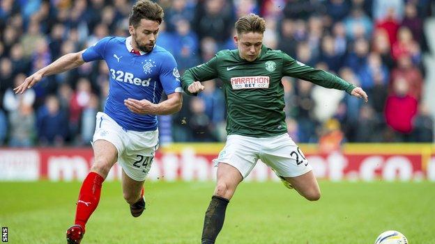 Rangers defender Darren McGregor and Hibs midfielder Scott Allan vie for possession