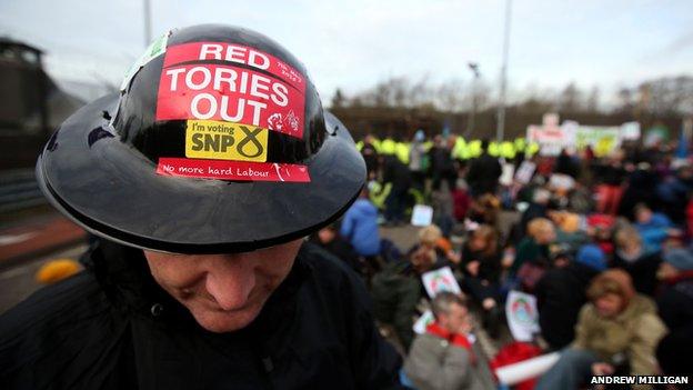 SNP-supporter at the British naval base in Faslane at an anti-nuclear protest in April