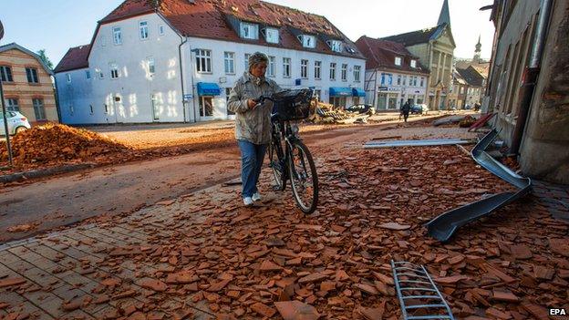 Debris-strewn streets in Buetzow, Germany, on 6 May 2015