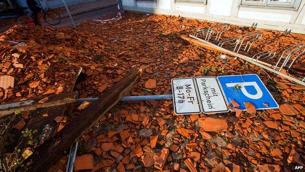 Debris-strewn streets in Buetzow, Germany, on 6 May 2015