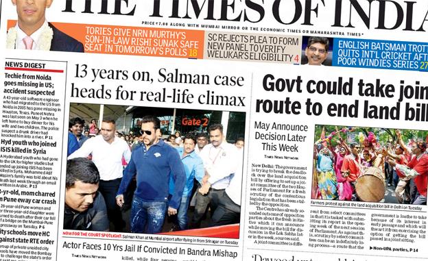 Front page of Time of India