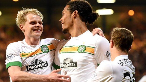 Gary Mackay-Steven, Virgil van Dijk and Leigh Griffiths celebrate