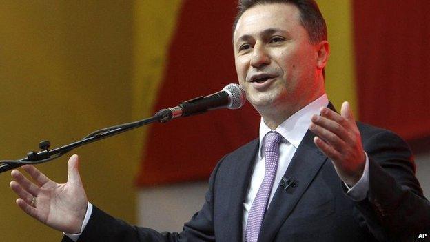 Nikola Gruevski greets supporters at the party's gathering in the capital Skopje, Macedonia on 15 March 2015