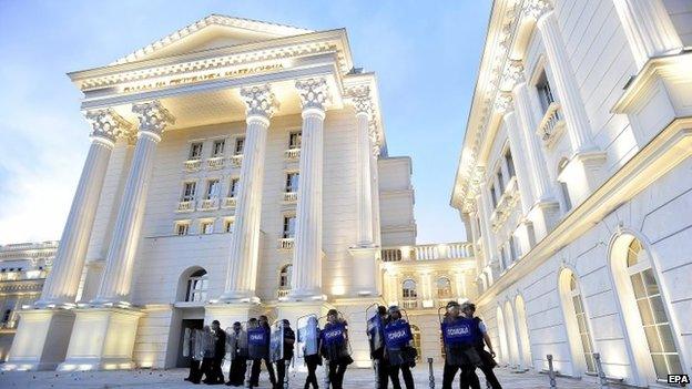 Police officers secure the government building during an anti -government protest which escalated in the evening hours in Skopje, Macedonia on 5 May 2015.