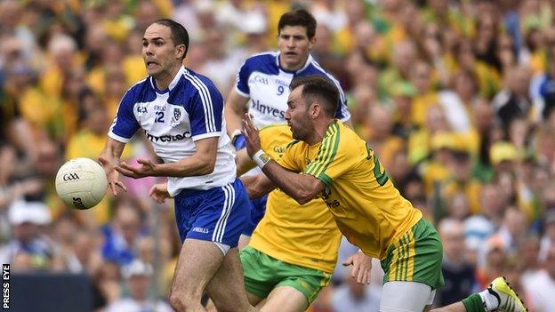 Donegal's Karl Lacey attemps to block a Paul Finlay handpass in last year's Ulster Football Final