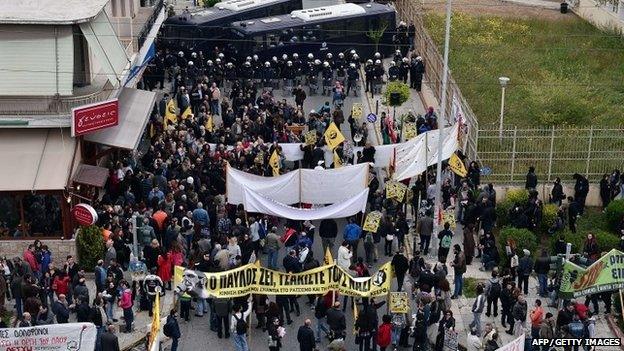 Anti-racist groups and unions protest outside the high security prison in Korydallos near Athens, on April 20, 2015