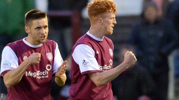 Simon Murray (right) celebrates scoring for Arbroath