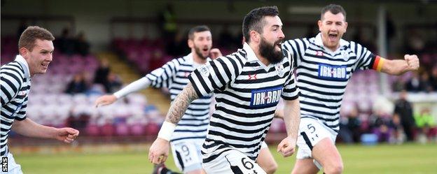 Bryan Wharton (centre) celebrates scoring Queen's Park's opener