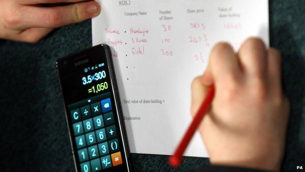 Pupil using phone as calculator