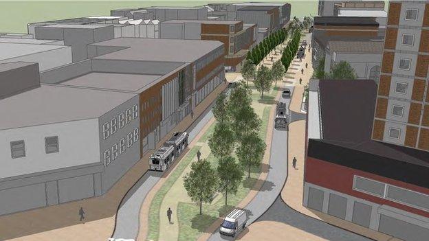 Artist impression of a redeveloped Kingsway in Swansea city centre