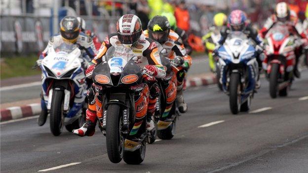 Riders get off the starting grid during one of the Supersport races at last year's North West 200