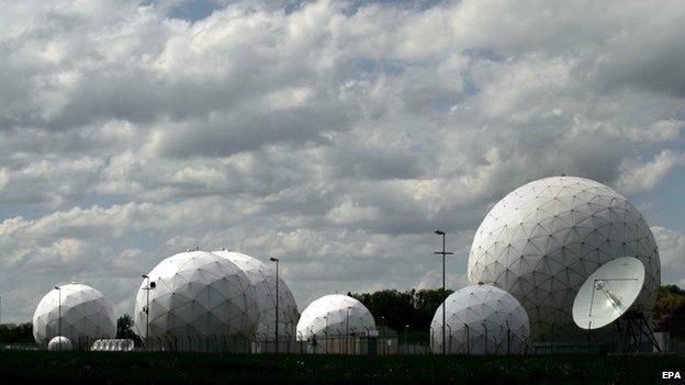 Radar domes are located on the premises of a communications intercept station of German intelligence agency BND in Bad Aibling, Germany (7 May 2015)