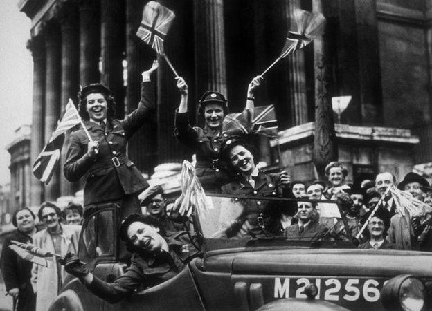 Wrens driving through Trafalgar Square during the VE Day celebrations