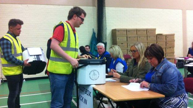 More ballot boxes arrive at the count centre: 75 boxes in the Foyle count and 76 in the East Londonderry count