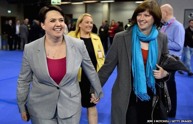 Leader of the Scottish Conservatives Ruth Davidson and Jen Wilson arrive at the Glasgow count