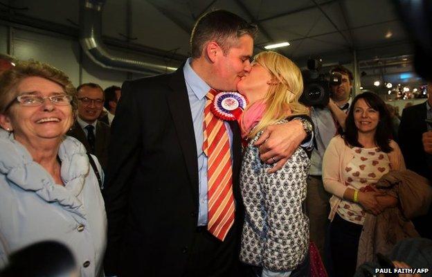 Gavin Robinson with his wife Lindsay after winning the Belfast East seat for the Democratic Unionist Party (DUP) at the counting centre at the Kings Hall in Belfast