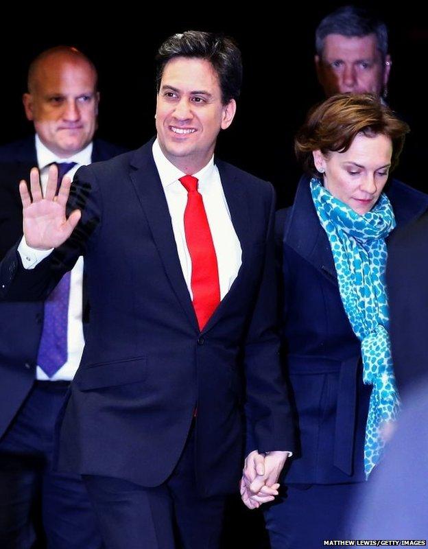 Labour Party leader Ed Miliband arrives with wife Justine Thornton at his constituency declaration at Doncaster Racecourse