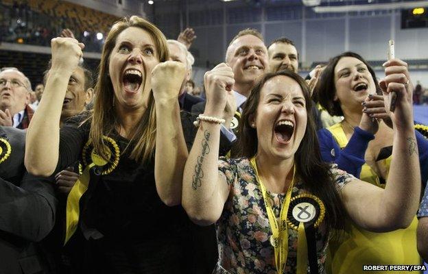 Scottish National Party (SNP) supporters celebrate after a great night for their party at the Emirates Arena in Glasgow