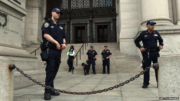 Police stand guard outside the American Museum of Natural History Charlie Hebdo editor-in-chief Gerard Biard and critic Jean-Baptiste Thoret received the PEN freedom of expression award