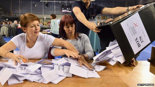 Ballot papers being counted at the Glasgow count