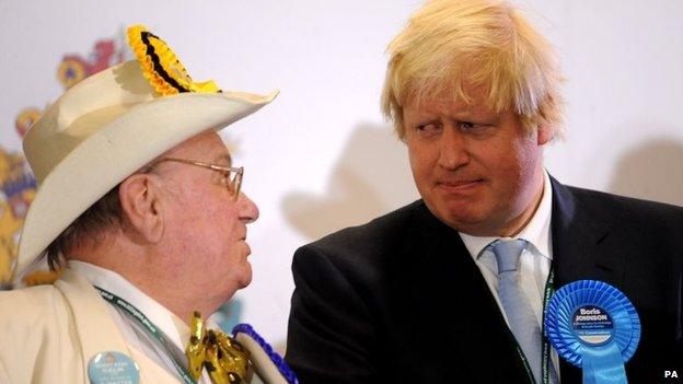 Mayor of London Boris Johnson with Official Monster Raving Looney party candidate Howling "Laud" Hope