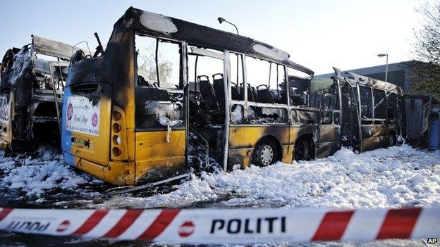 Four burned buses at Copenhagen Bus Company Arriva's garage in Oesterbro, Copenhagen - early Friday May 8, 2015