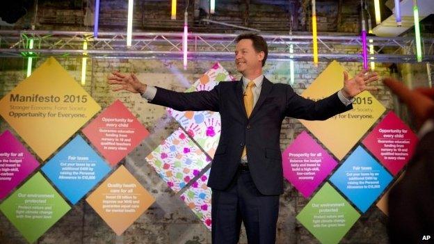 Nick Clegg the leader of Britain's Liberal Democrats gestures in reaction as the audience applaud at the end of his speech during his 15 April 2015