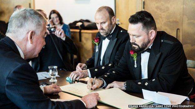 Peter Fraser and Gordon Stevenson getting married under UK law in Australia