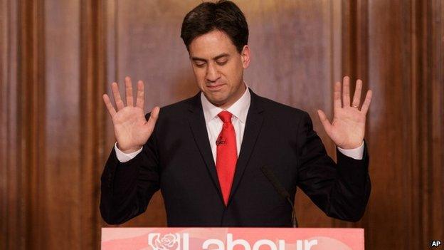 Britain"s Labour Party leader Ed Miliband holds up his hands as he delivers his resignation at a press conference in Westminster, London, 8 May 2015