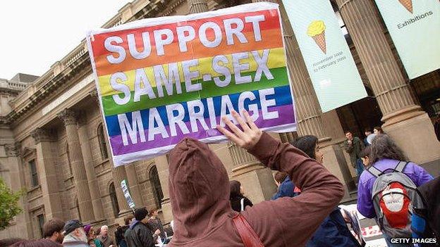 Protestors in favour of gay marriage rights in Melbourne in 2008