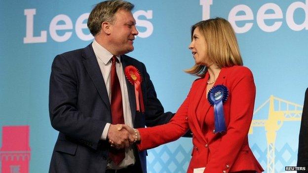 Ed Balls congratulates victorious Conservative candidate Andrea Jenkyns after losing his Morley and Outwood seat