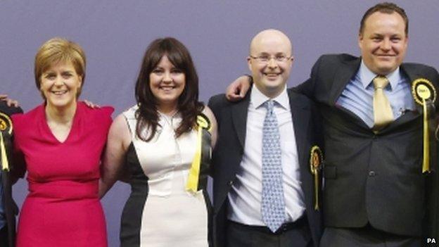 Natalie McGarry poses with SNP leader Nicola Sturgeon, and other newly elected SNP MPs Patrick Grady Christopher Stephens