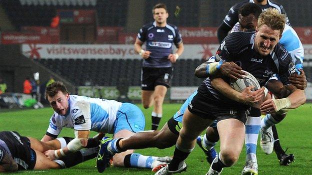 Ben John scores for the Ospreys against Glasgow