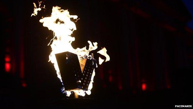 A VE Day tribute was lit at the front of City Hall in Belfast on Friday