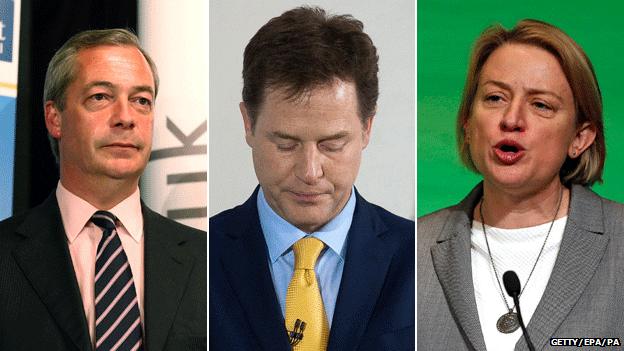 Nigel Farage, Nick Clegg and Natalie Bennett